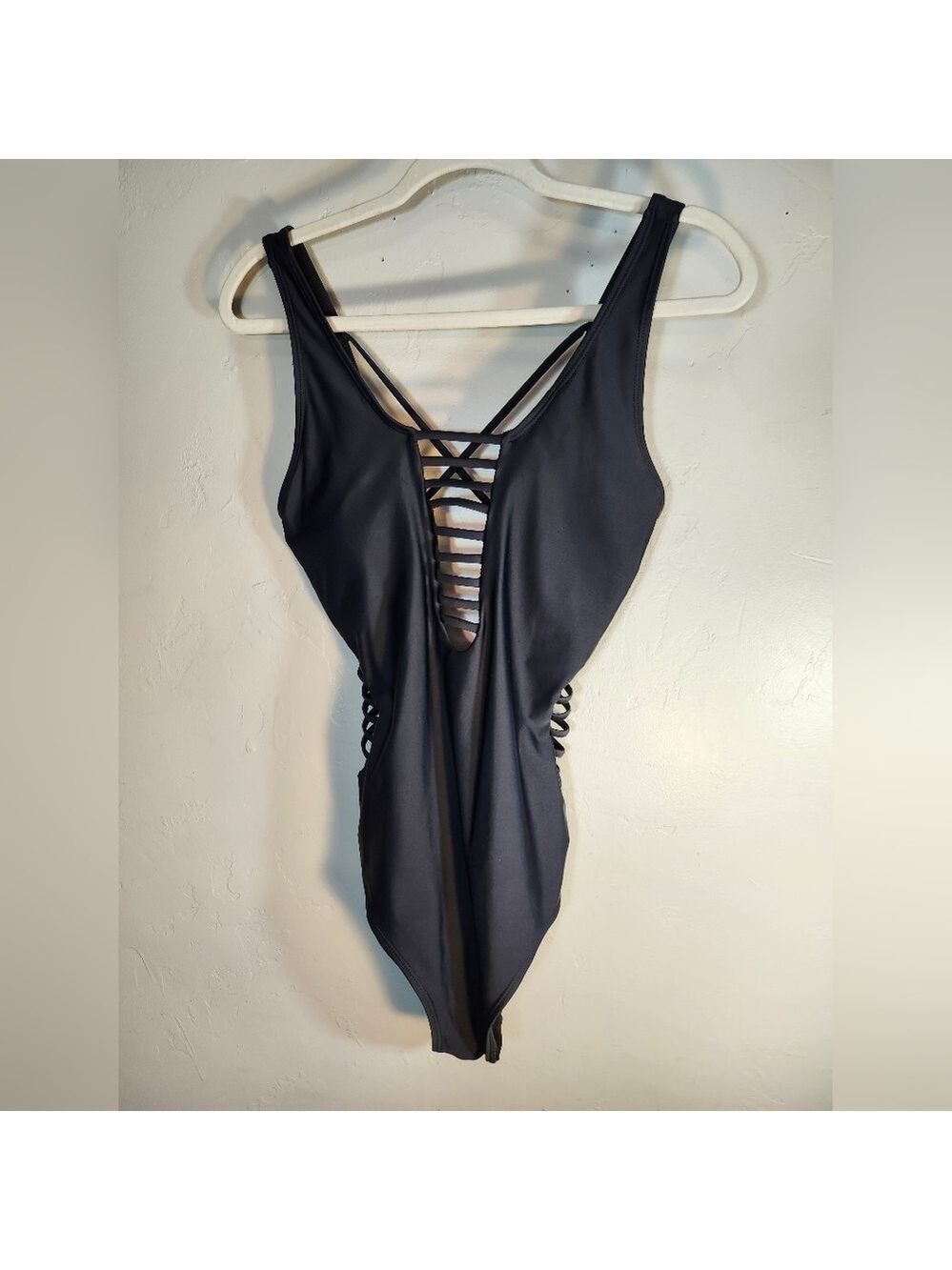 Black Strappy Lattice Sides Sexy Plunging One-Piece Swimsuit Size L